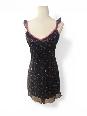 Y2K Xhilaration Black Slip Dress with Pink Floral Trim